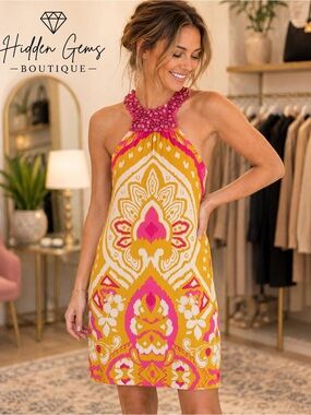 INC International Concepts Pink & Mustard Beaded Halter Mini Dress